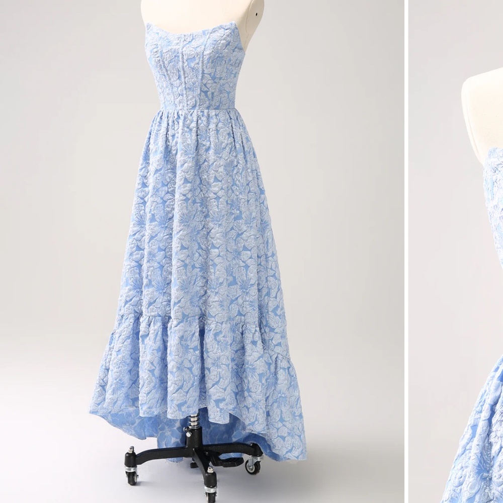A-Line Blue Floral Strapless High Low Bridesmaids Dress